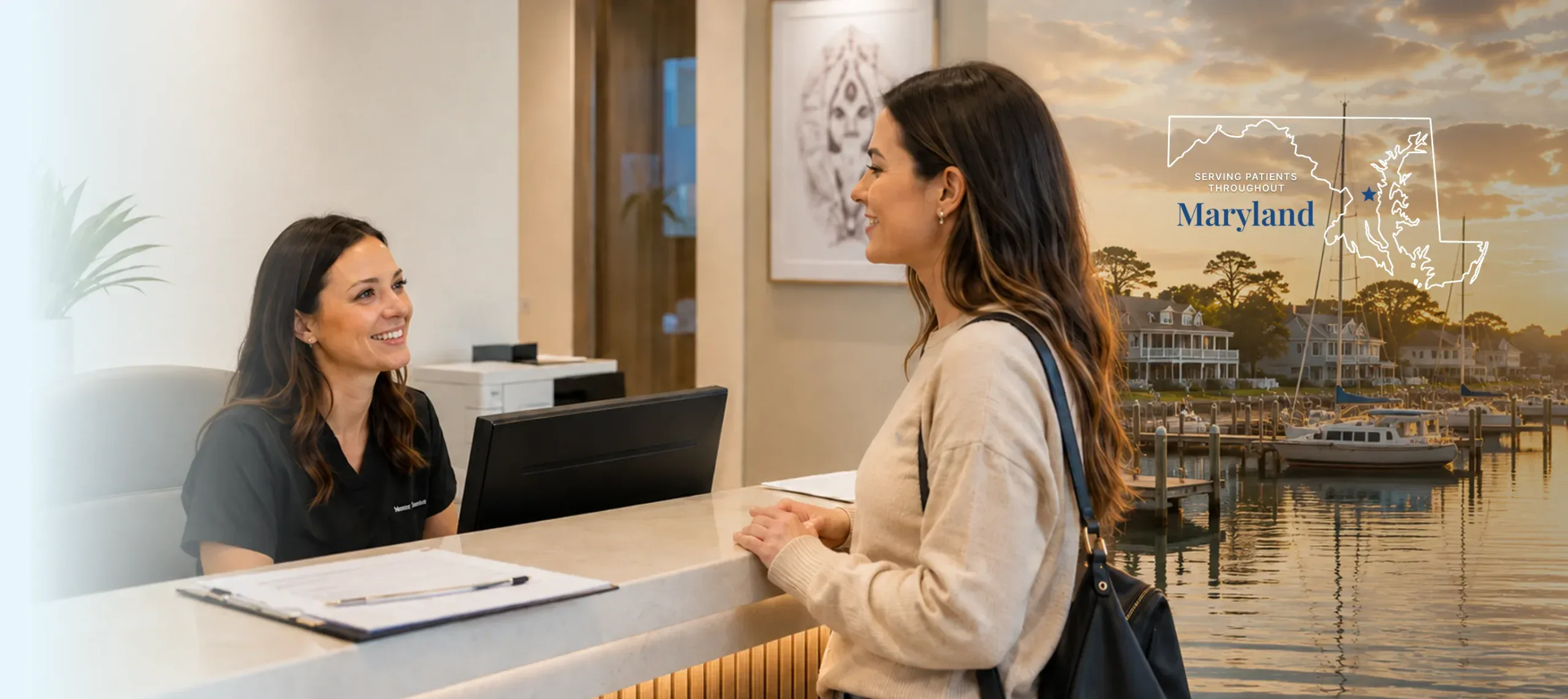 Maryland-female-jaw-surgery-patient-warmly-greeted-reception-desk-hero-cover-desktop Woman greeted at the reception desk before a jaw surgery consultation in Maryland