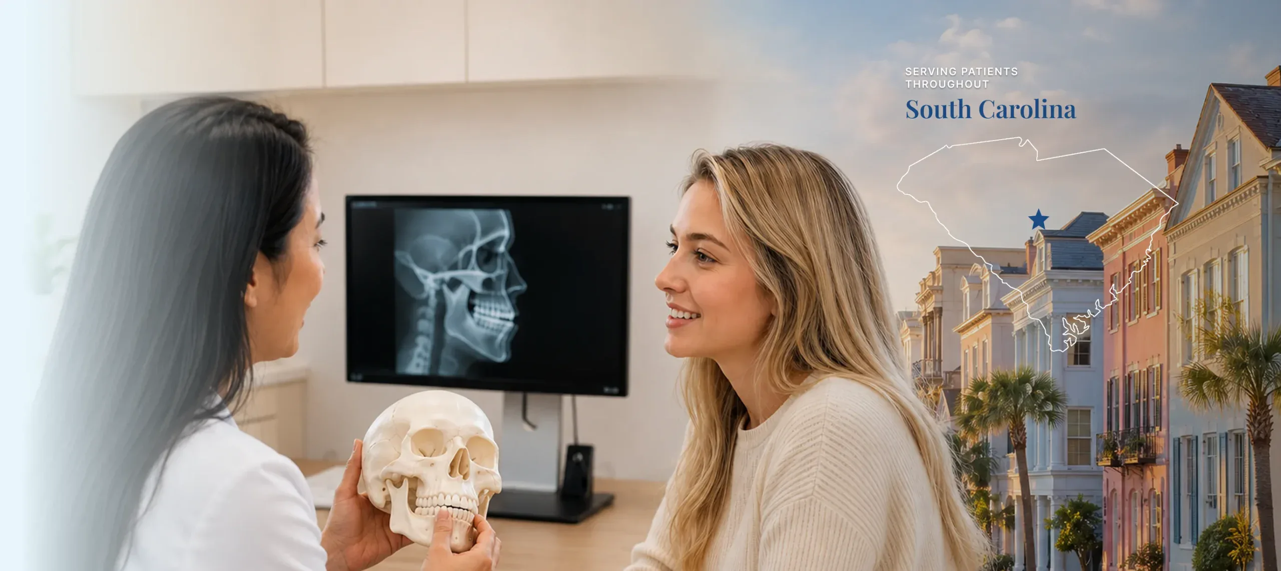 South-Carolina-female-jaw-surgery-patient-consultation-hero-cover-desktop Woman during a jaw surgery consultation in South Carolina