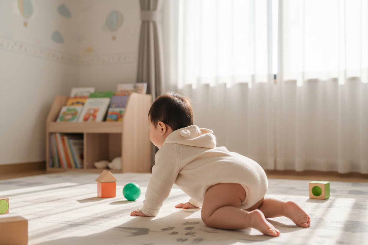 Baby crawling on carpet with colorful toys in bright living room.