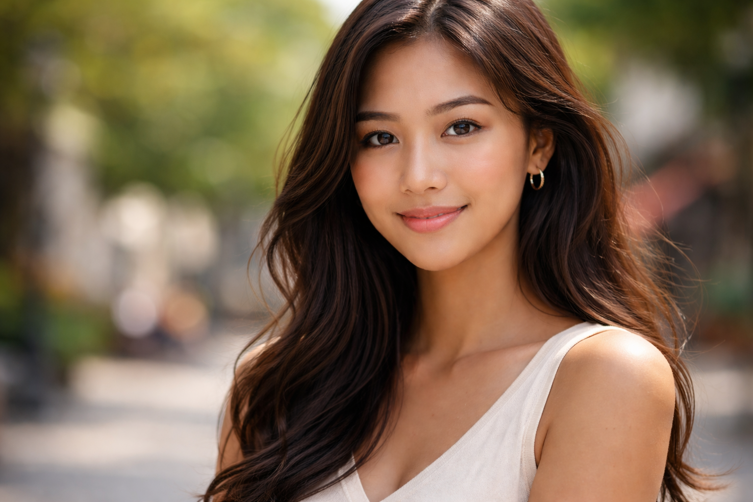 Beautiful Asian Woman Smiling Outside