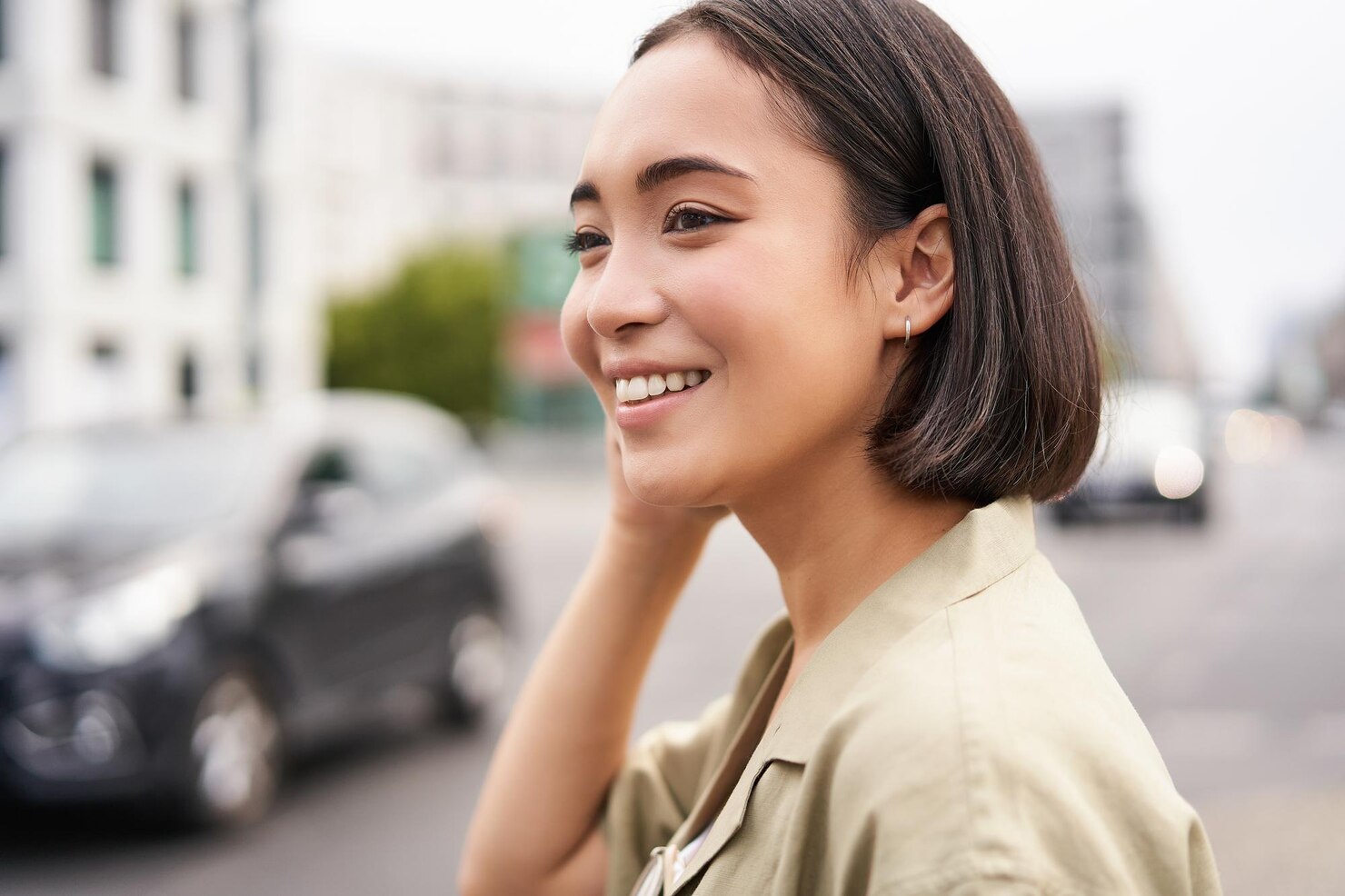 Beautiful Young Woman Asian Girl Standing outside.
