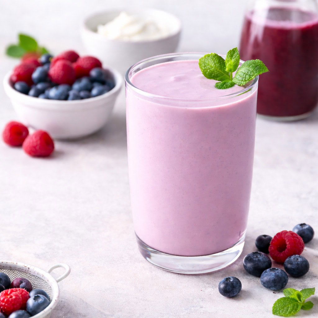 Creamy berry smoothie garnished with mint leaves, surrounded by fresh berries.