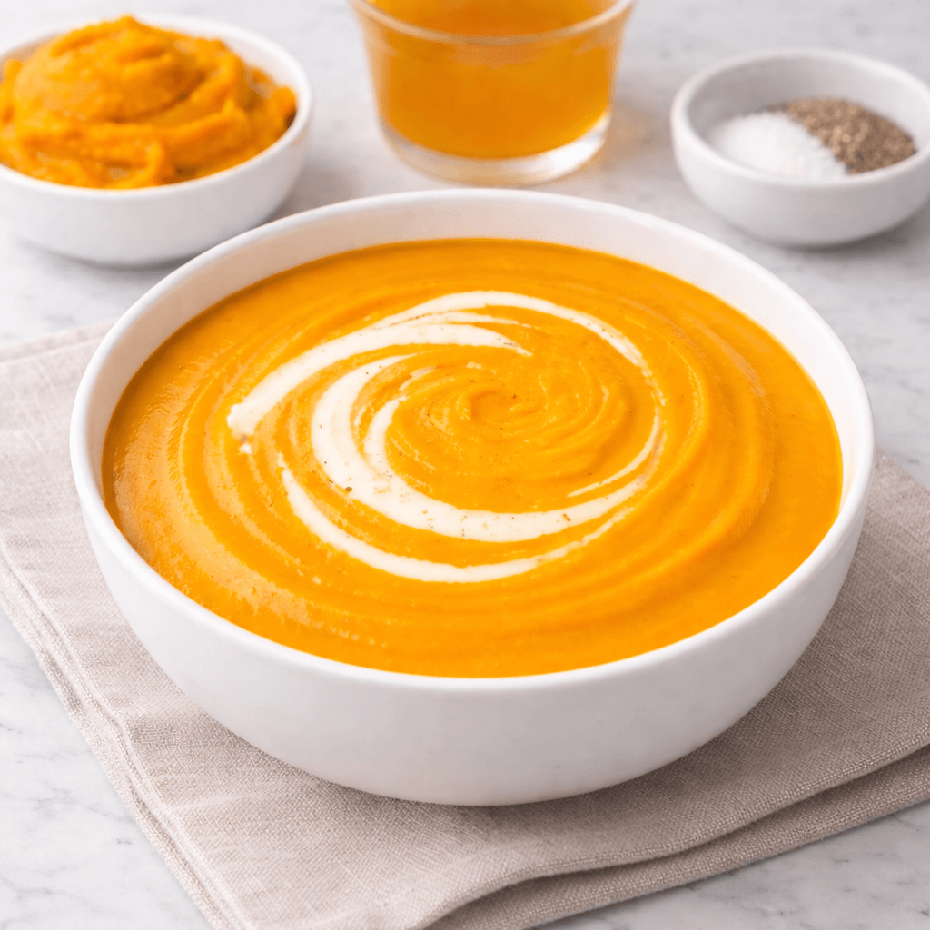 Bowl of smooth blended pumpkin soup.