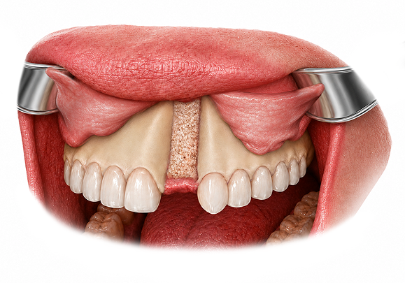 Illustration of bone graft material packed into the alveolar cleft.