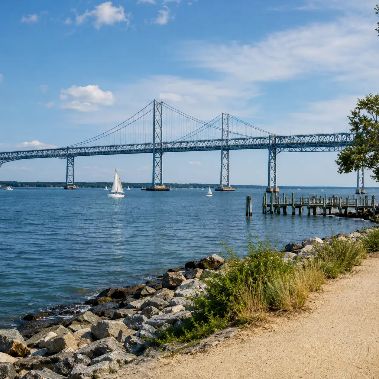 Chesapeake Bay Bridge over the coastal waterfront, Maryland