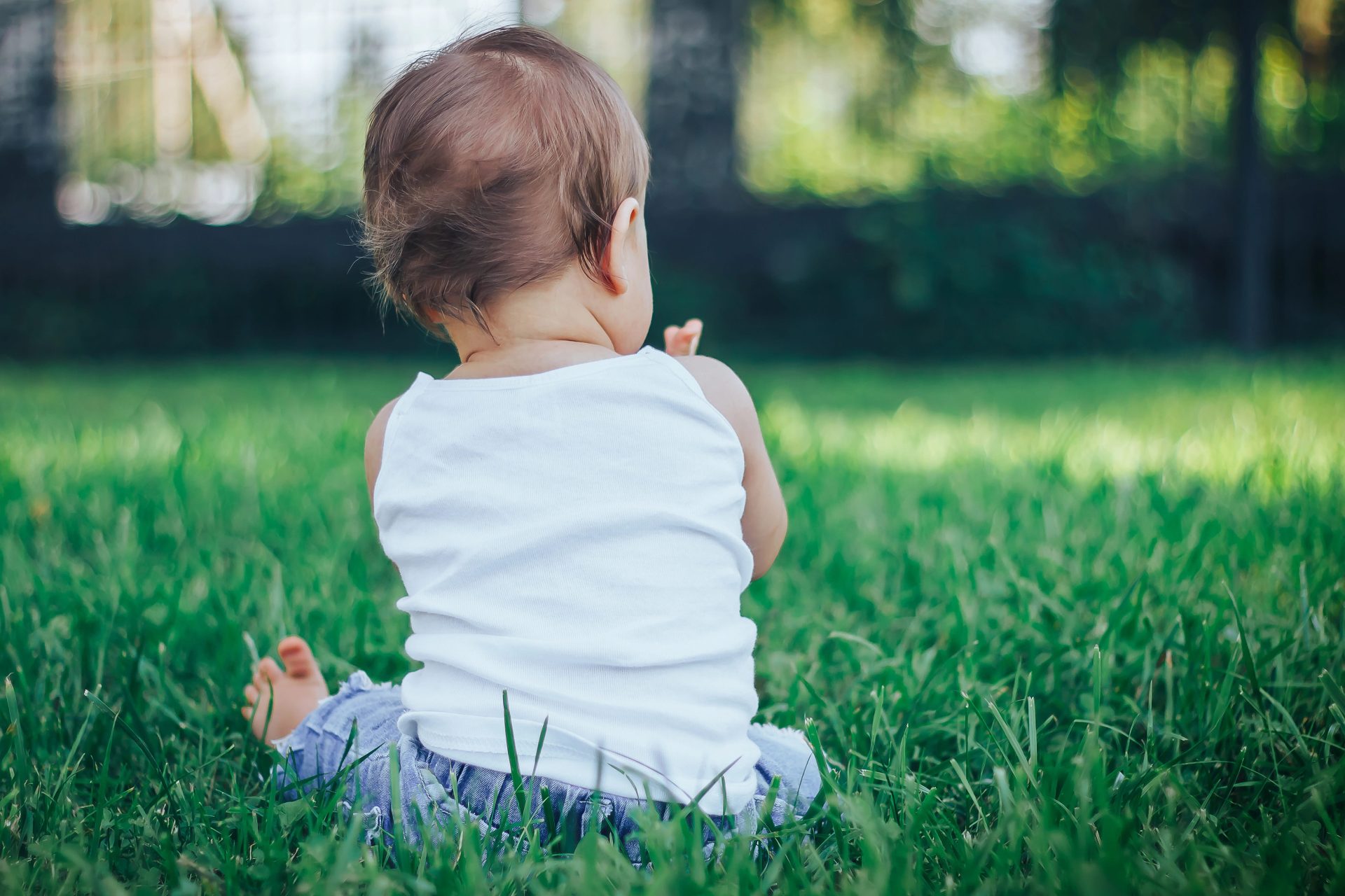 Child sitting on grass in park, back view, outdoors, natural light.