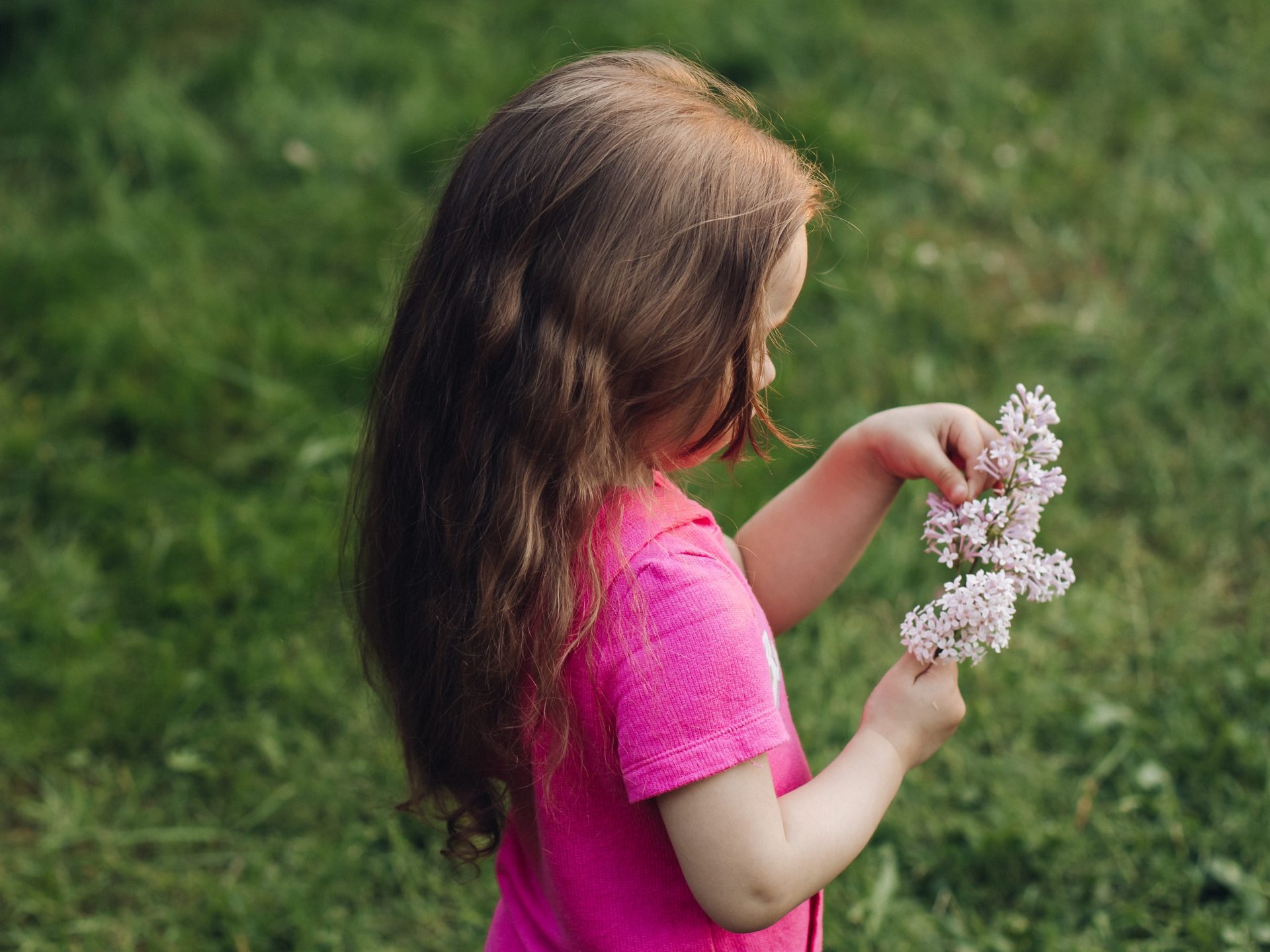 little-cute-kid-girl-pink-dress-green-park-spring-summer Young child holding flowers outdoors