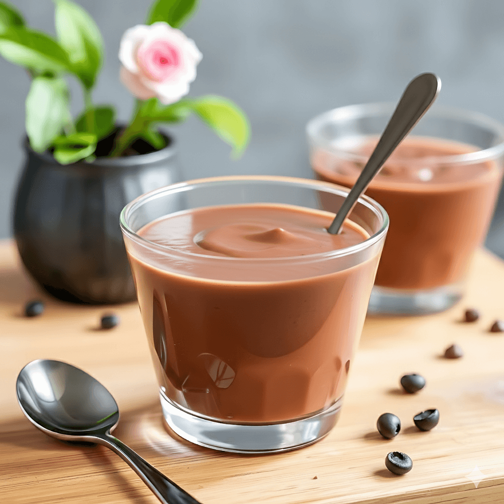 Dish of chocolate protein pudding.