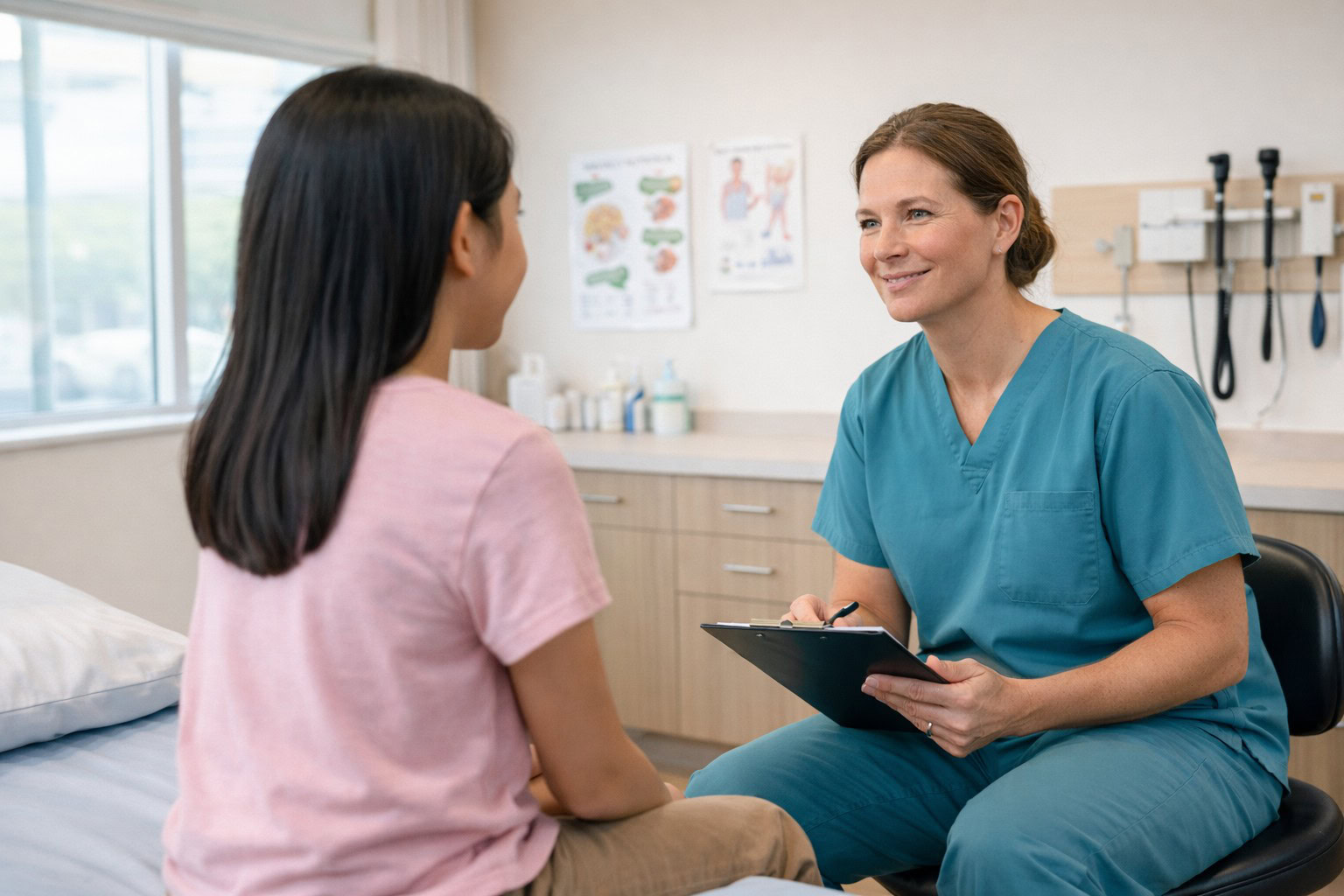 Doctor consulting with patient about Pfeiffer Syndrome in a clinical setting.