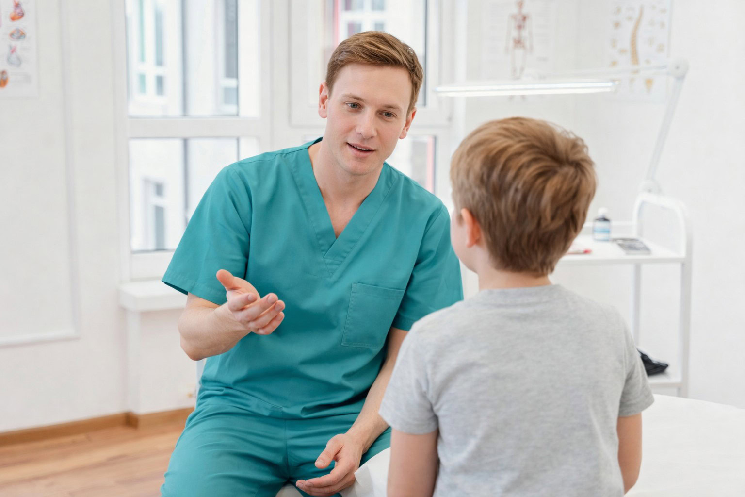 Doctor consulting with young patient in a bright medical office.