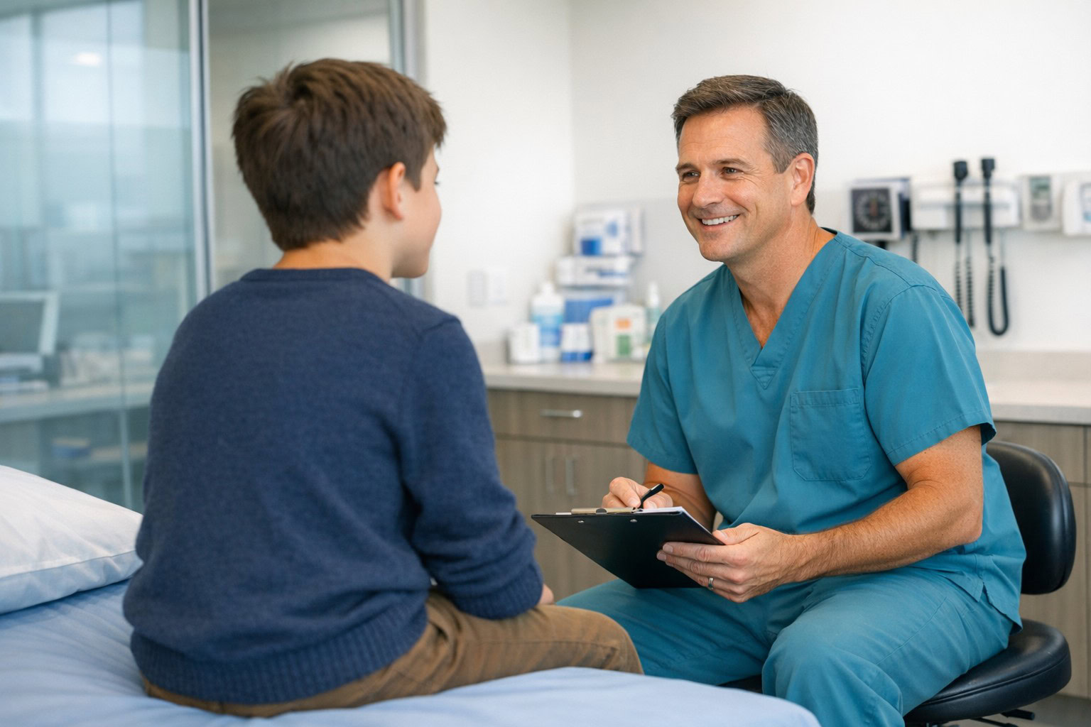 Doctor consulting with a young patient about craniofacial health in a medical office.