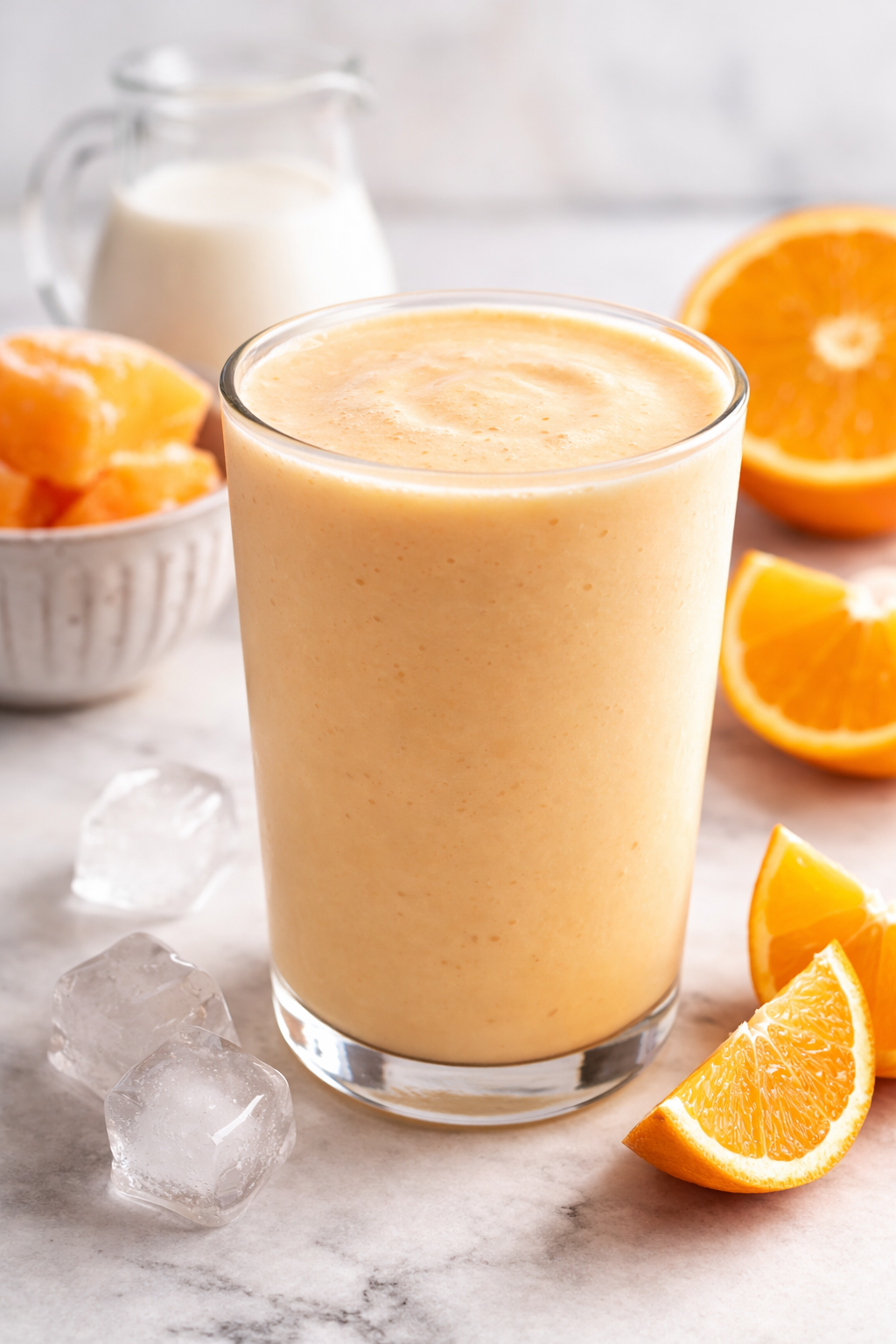 Smooth orange liquid diet drink with fresh oranges and ice cubes.