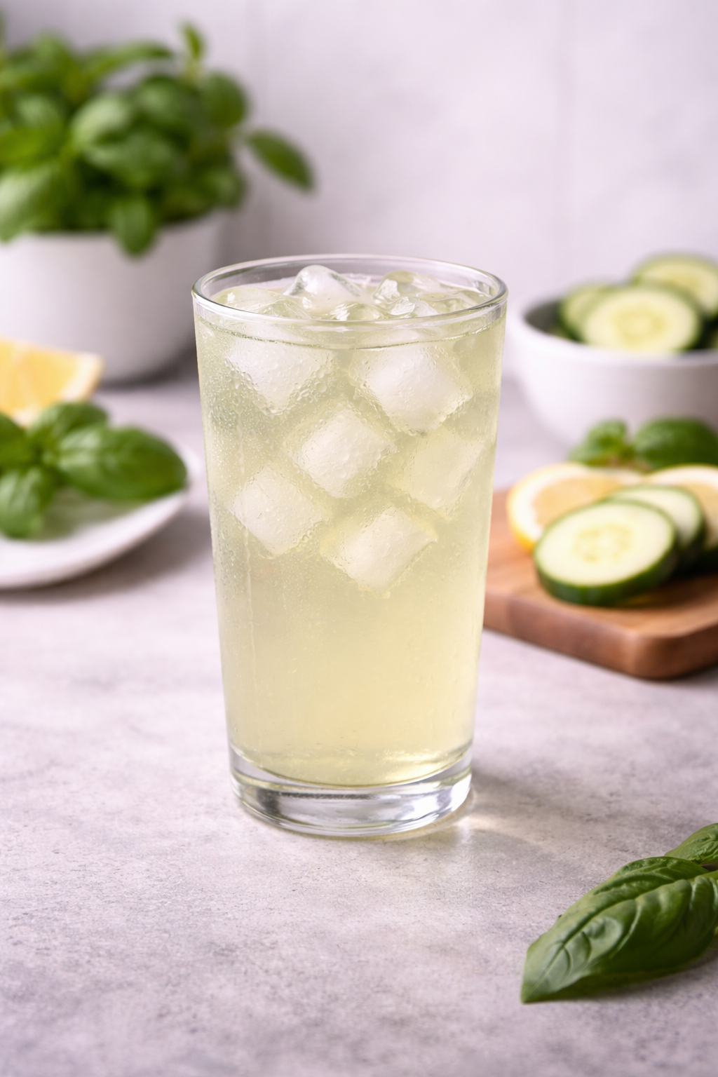 Glass of cucumber lemon basil water.
