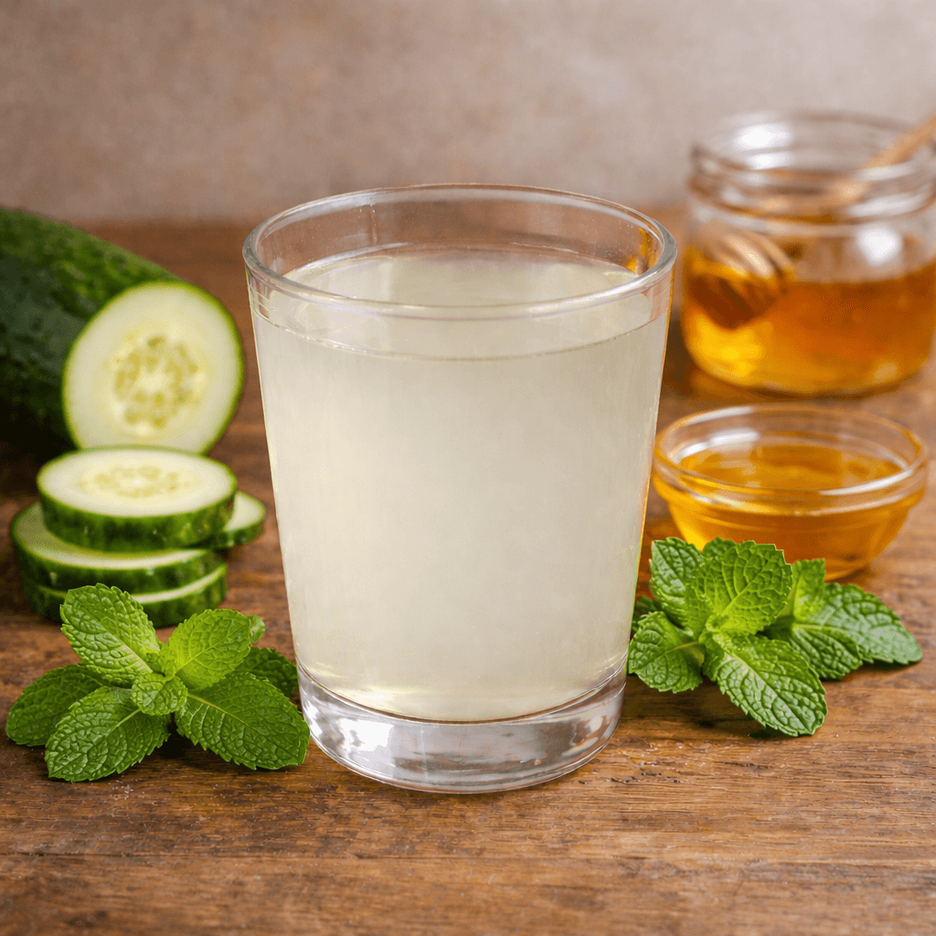Glass of clear cucumber mint drink.