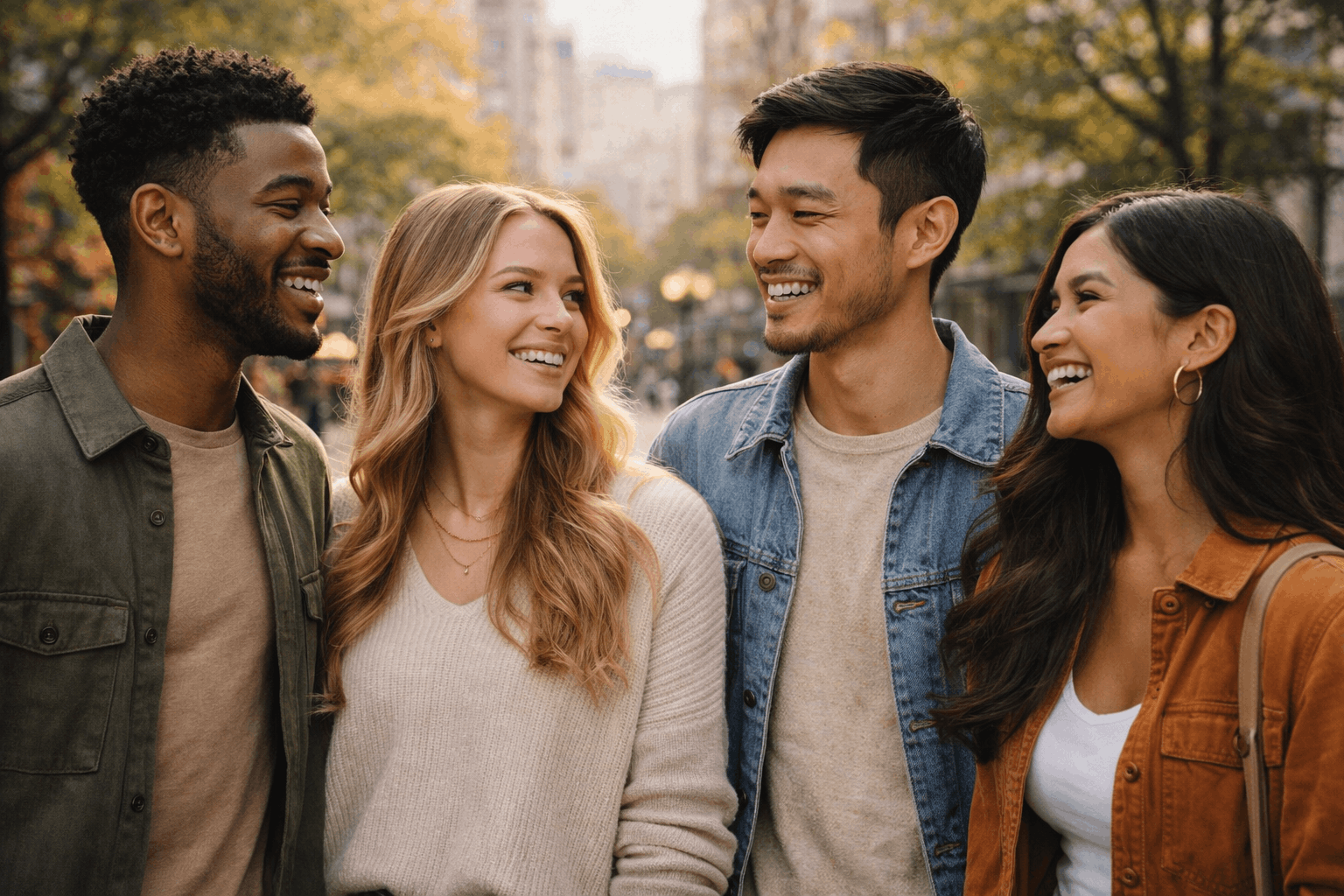 Group of four diverse friends smiling and talking in a city park during autumn.