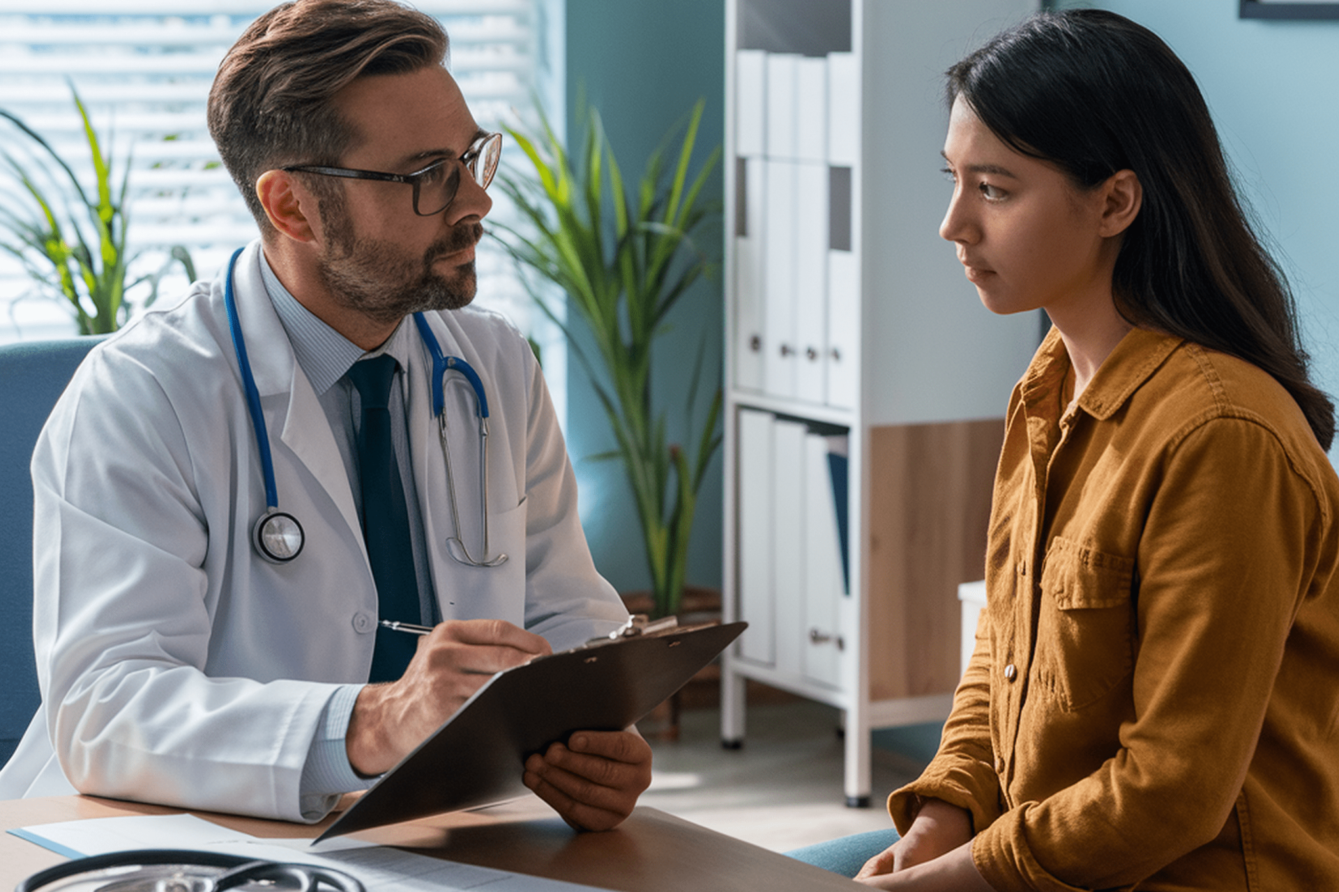 Doctor discussing procedure with parent in office