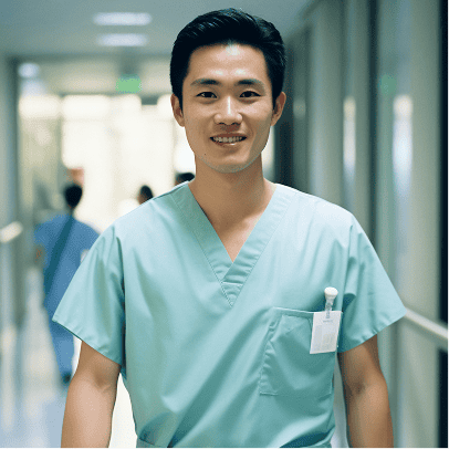 Doctor in Green Scrubs in Office Doctor in Green Scrubs in Office
