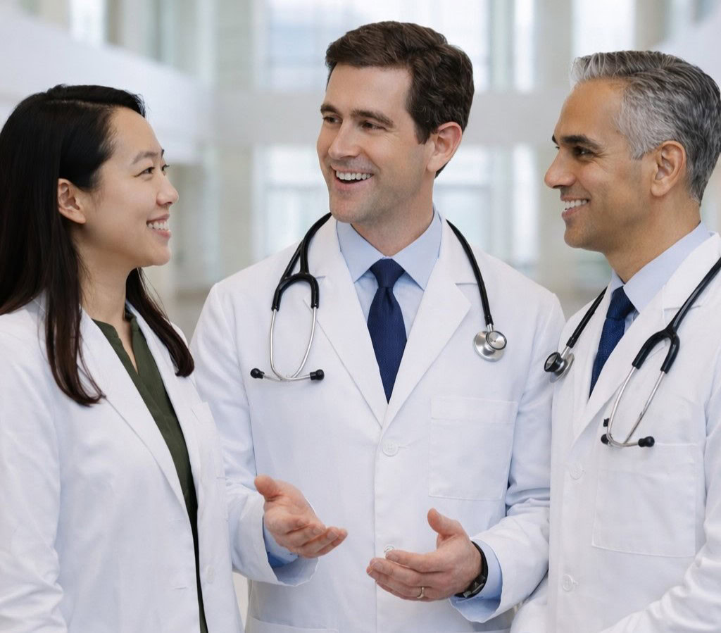 Healthcare professionals having a friendly discussion in a hospital setting.