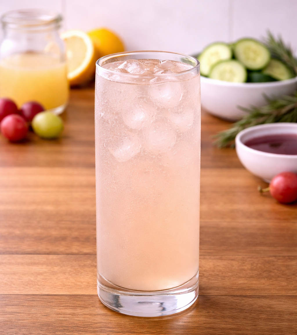 Glass of grape rosemary cooler.