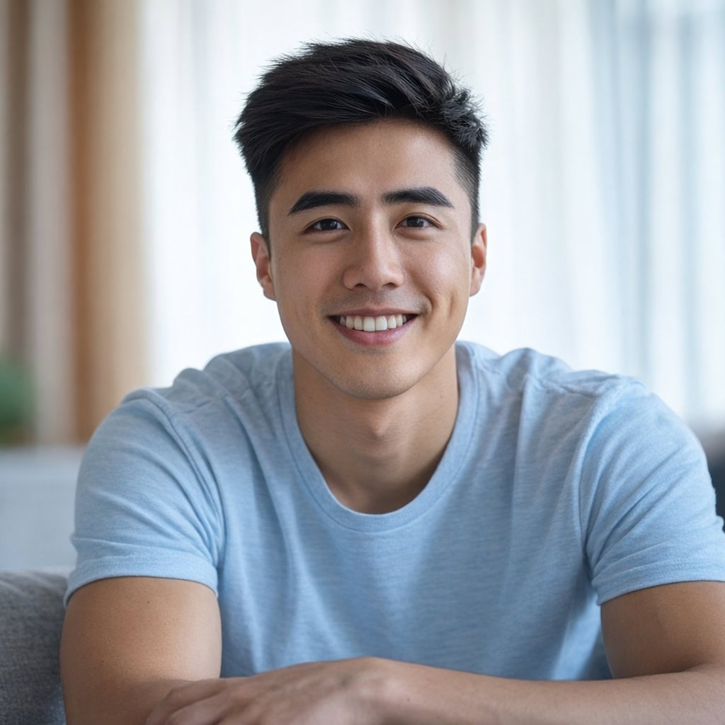 Handsome young man, blue shirt, short hair, smiling Handsome young man, blue shirt, short hair, smiling