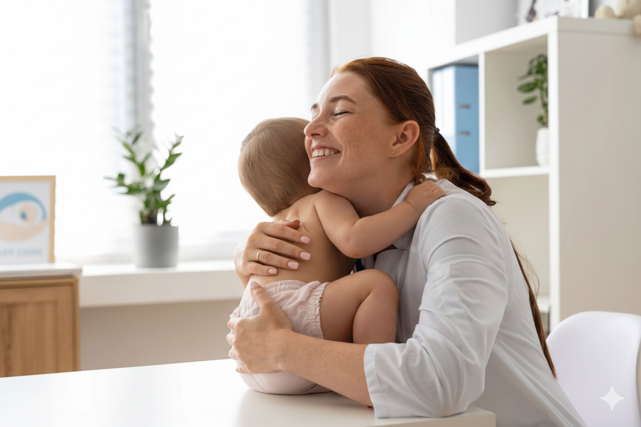 Mother hugging her young child with a joyful expression in a bright room.