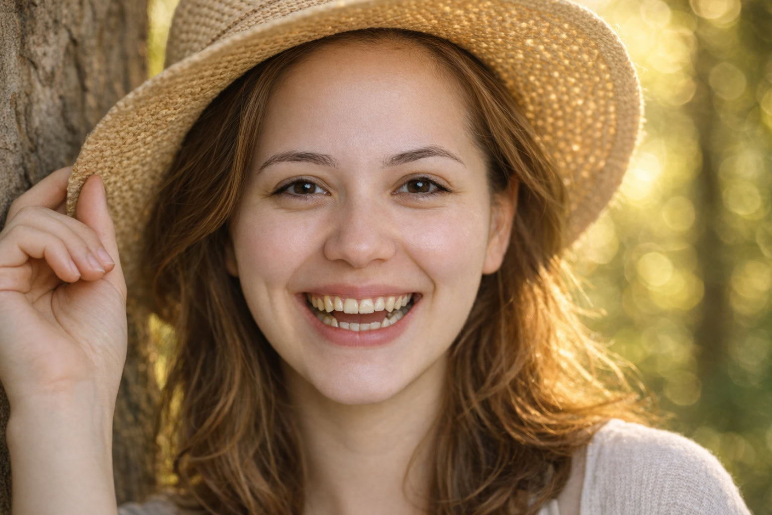 Happy Woman with anterior open bite Wearing Sun Hat in Nature