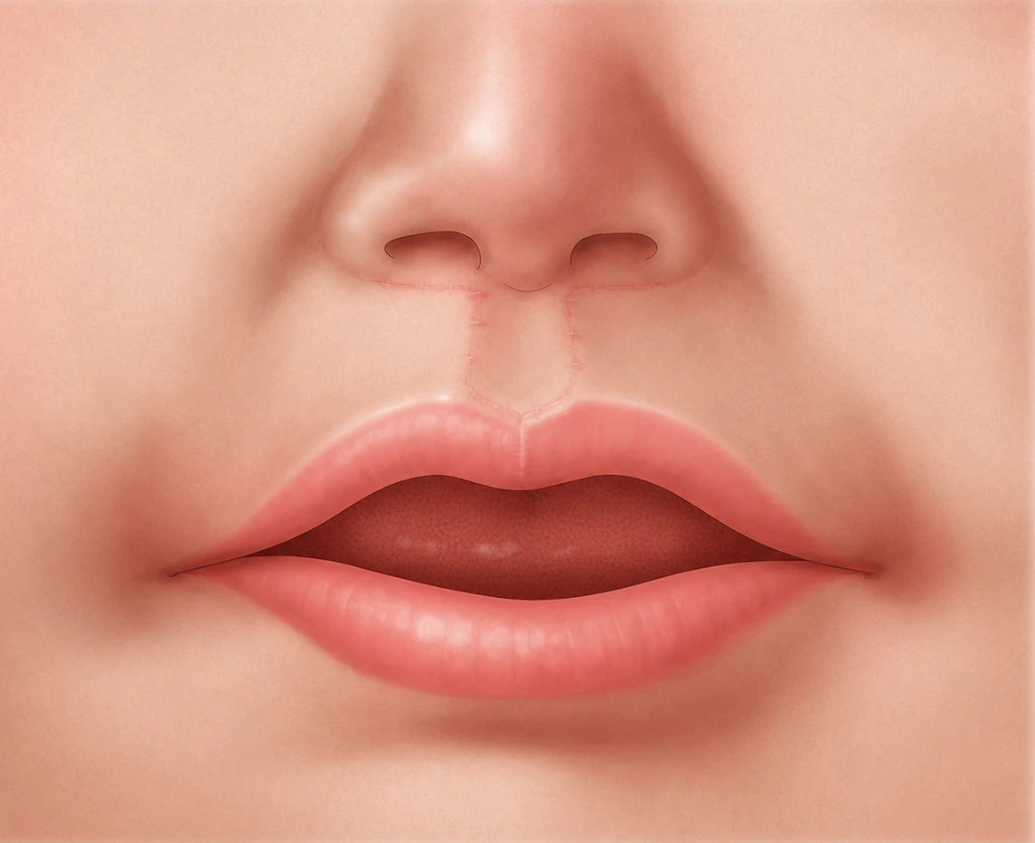 Bilateral-Cleft-Lip-Repair-step-6-V2-healed Illustration of the healed, balanced lip after bilateral cleft lip repair.