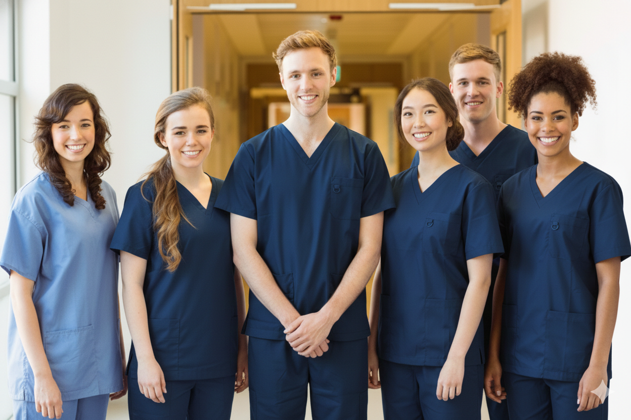 Image of full surgical team in scrubs smiling. Image of full surgical team in scrubs smiling.