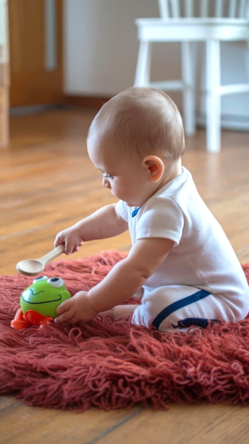 Baby sitting on a red rug playing with a green frog toy.
