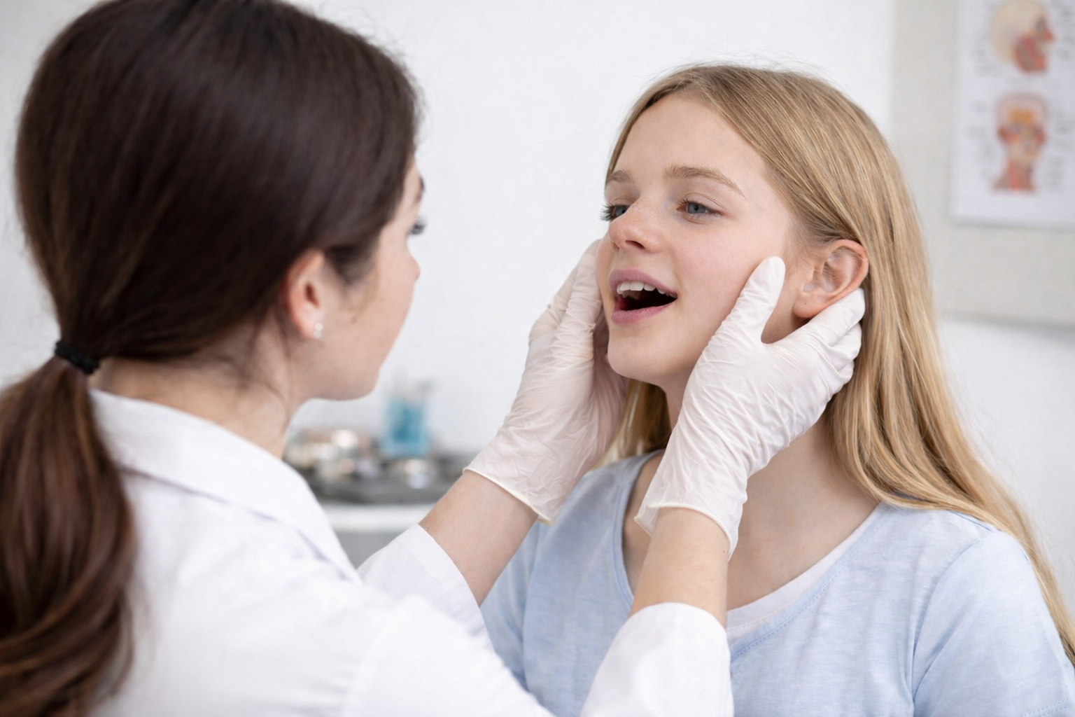 Dentist examining a young girl's mouth for maxillary transverse deficiency.