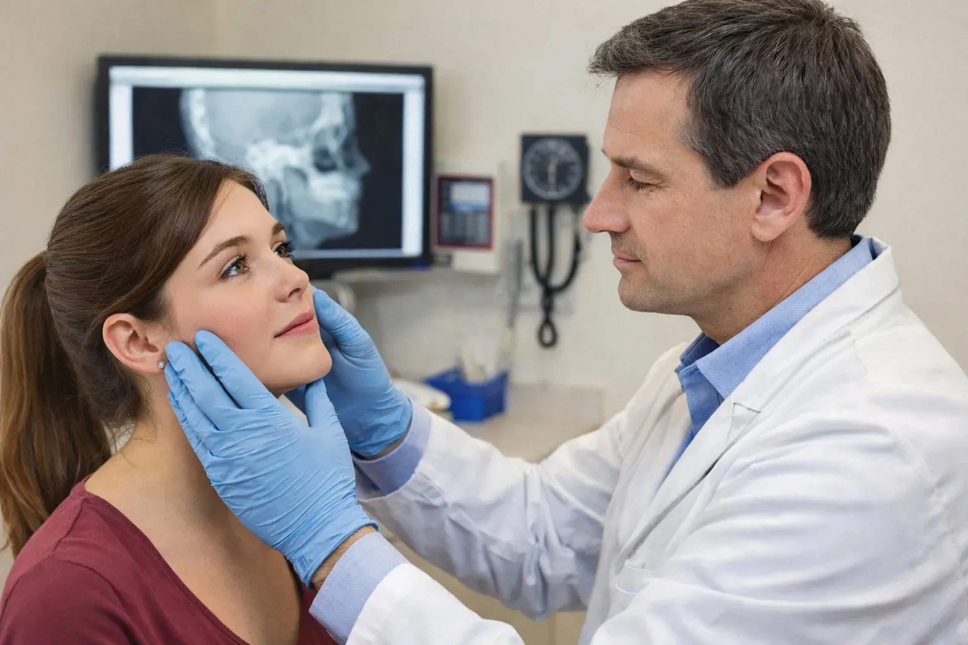 Doctor examining patient's jaw for prognathism with X-ray in background.