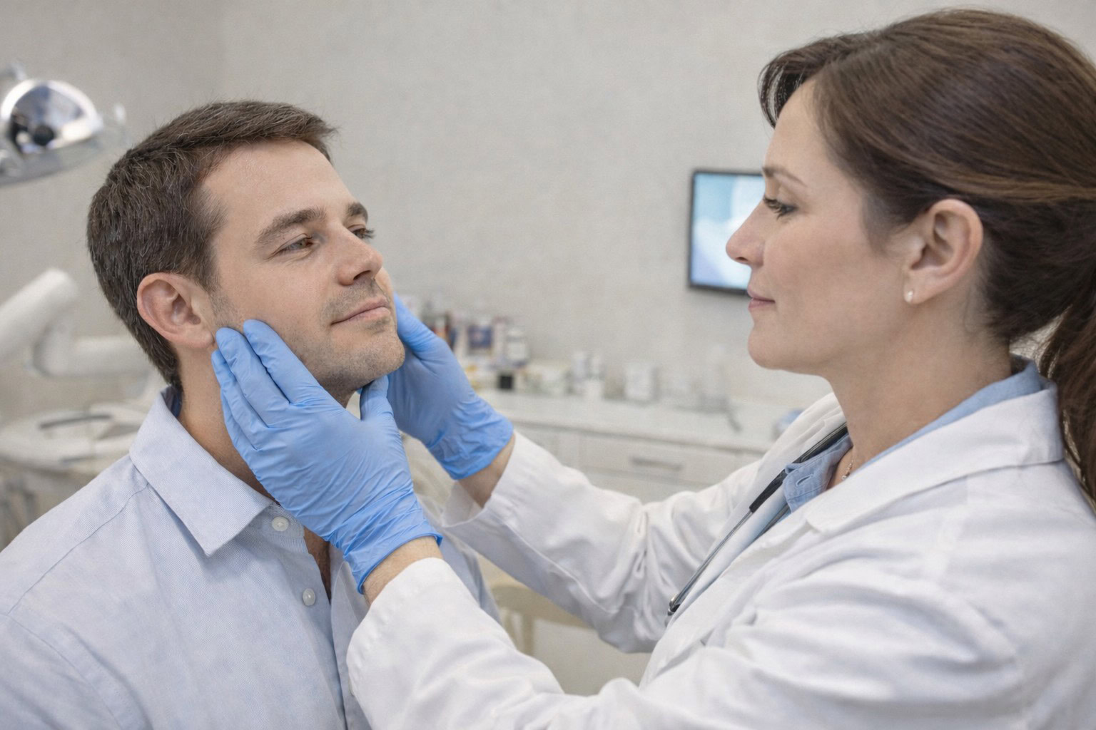 Clinical jaw evaluation with a patient.