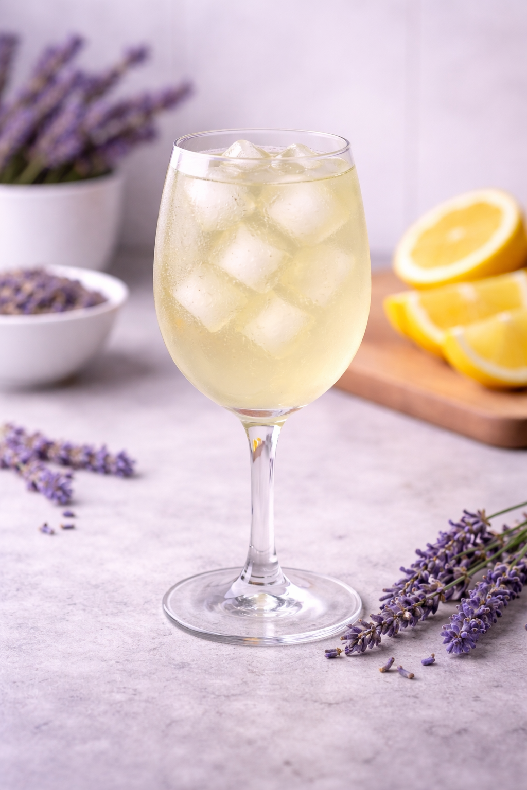 Glass of lavender lemon water.