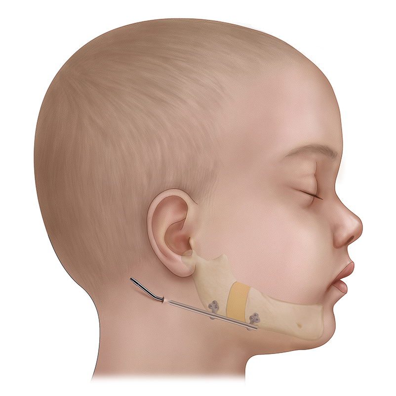 Illustration of the lengthened lower jaw with the distraction device in place.
