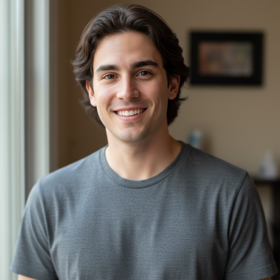 Male in gray T-shirt smiling Male in gray T-shirt smiling