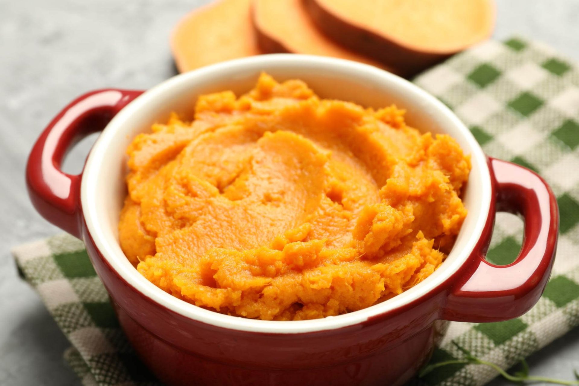 Bowl of creamy mashed sweet potatoes.