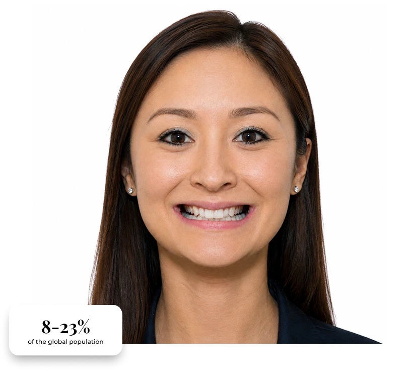 Portrait of a smiling woman with dental health infographic overlay.