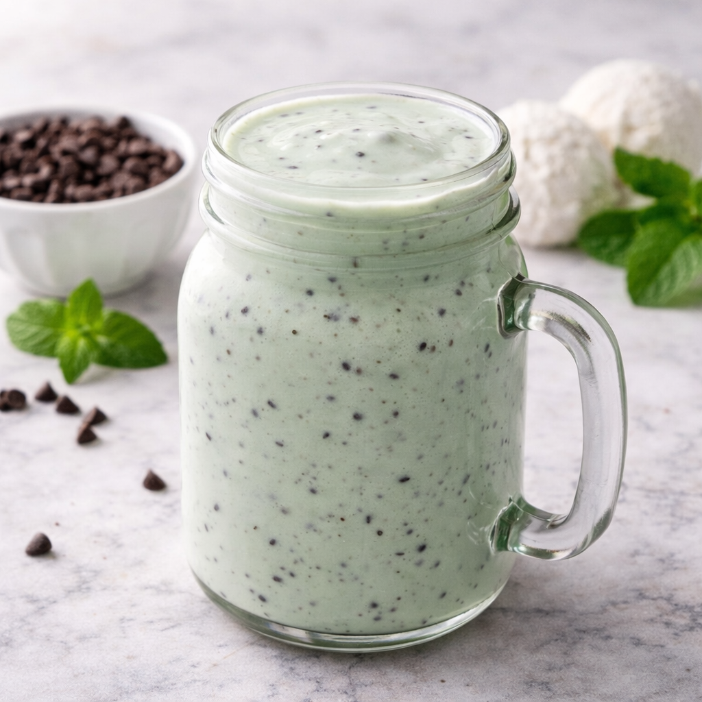 Creamy mint chocolate smoothie in a glass jar with chocolate chips and mint leaves.