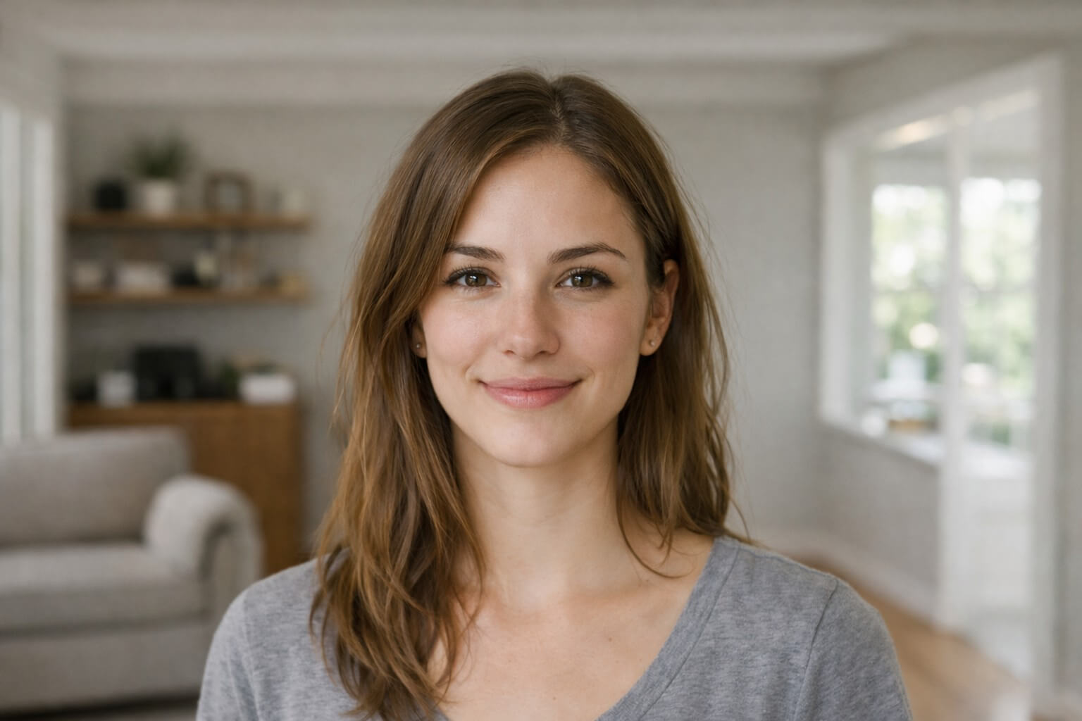 Natural beautiful young adult in cozy room
