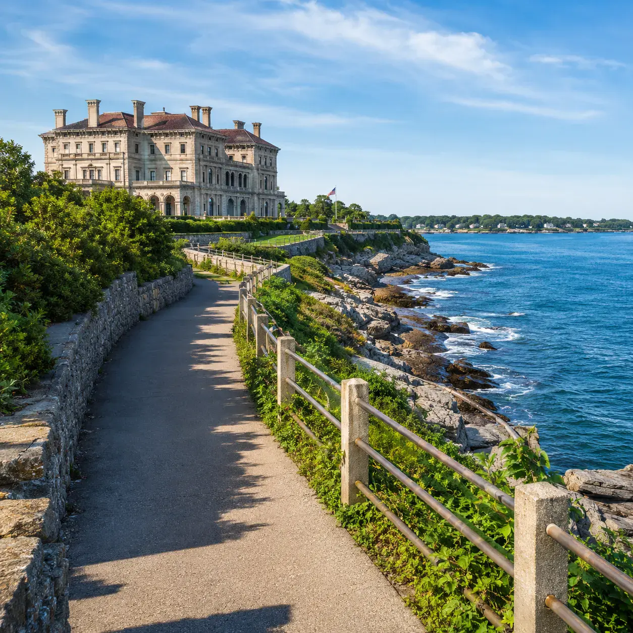 Oceanfront mansions along the Cliff Walk in Newport, Rhode Island