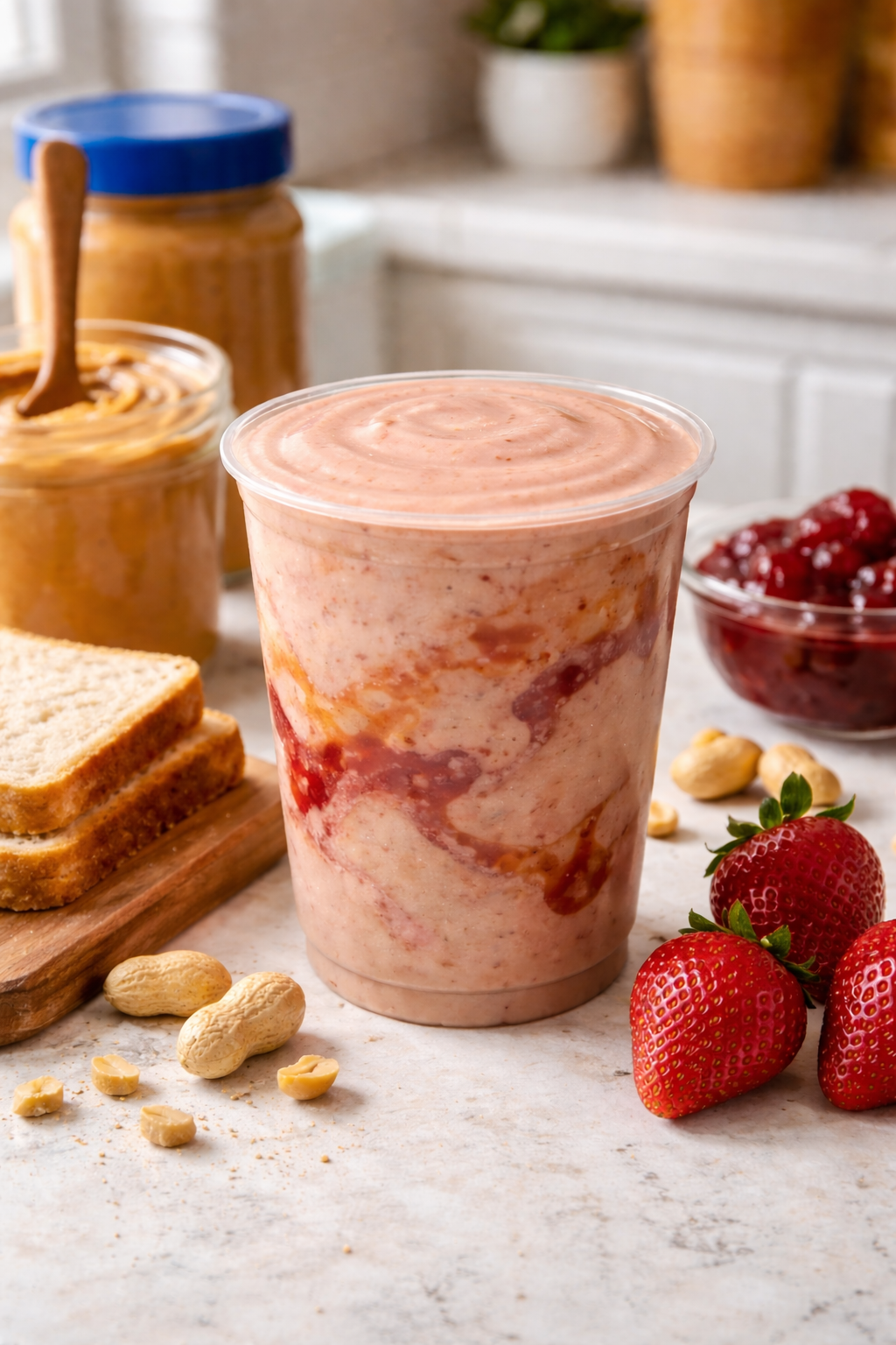 Glass of peanut butter and jelly smoothie.