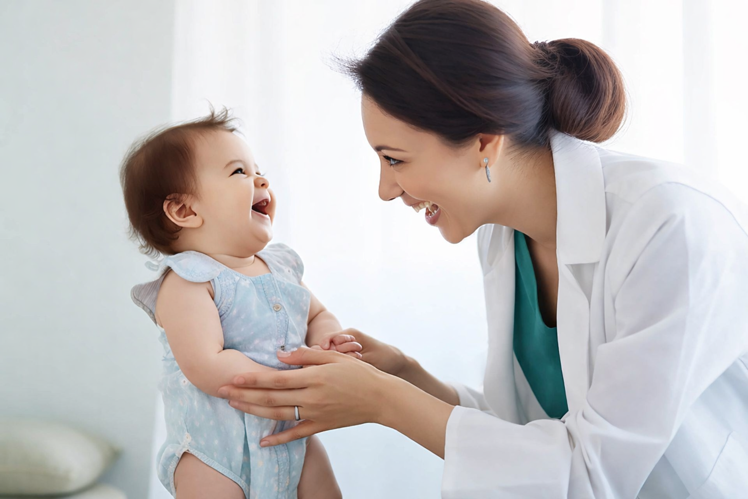 Pediatric patient smiling with doctor during cleft lip consultation.