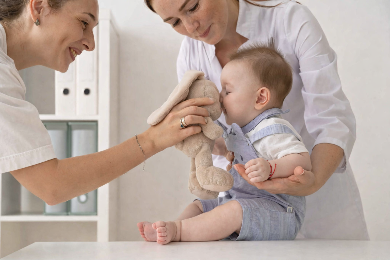 Child with cleft palate being examined by healthcare professionals with a teddy bear.