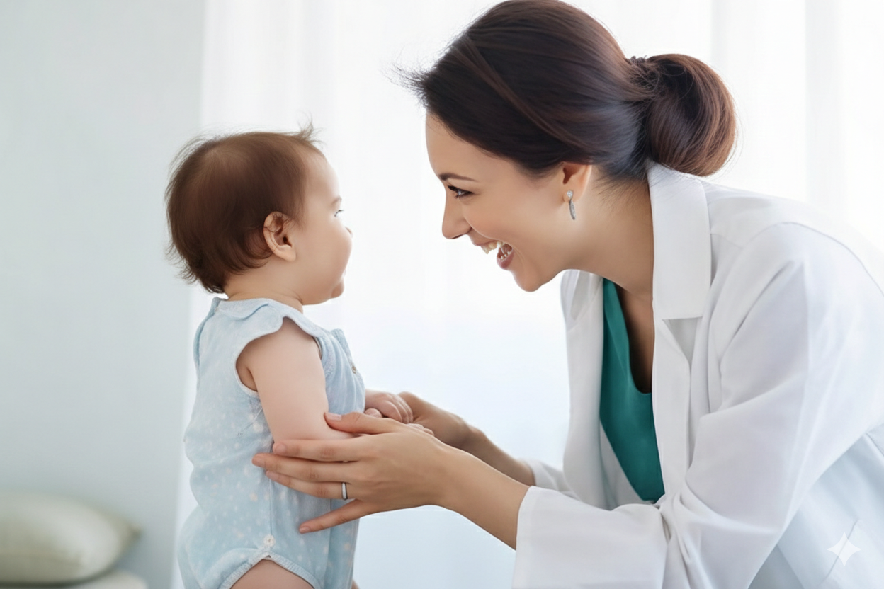 Doctor smiling at young girl during pediatric consultation for cleft lip.