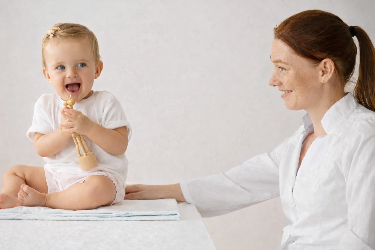 Child with craniosynostosis during medical examination with doctor.