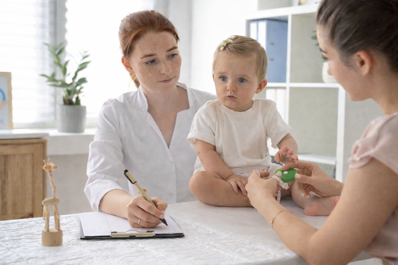 Doctor examining a young child's head during a craniosynostosis consultation.