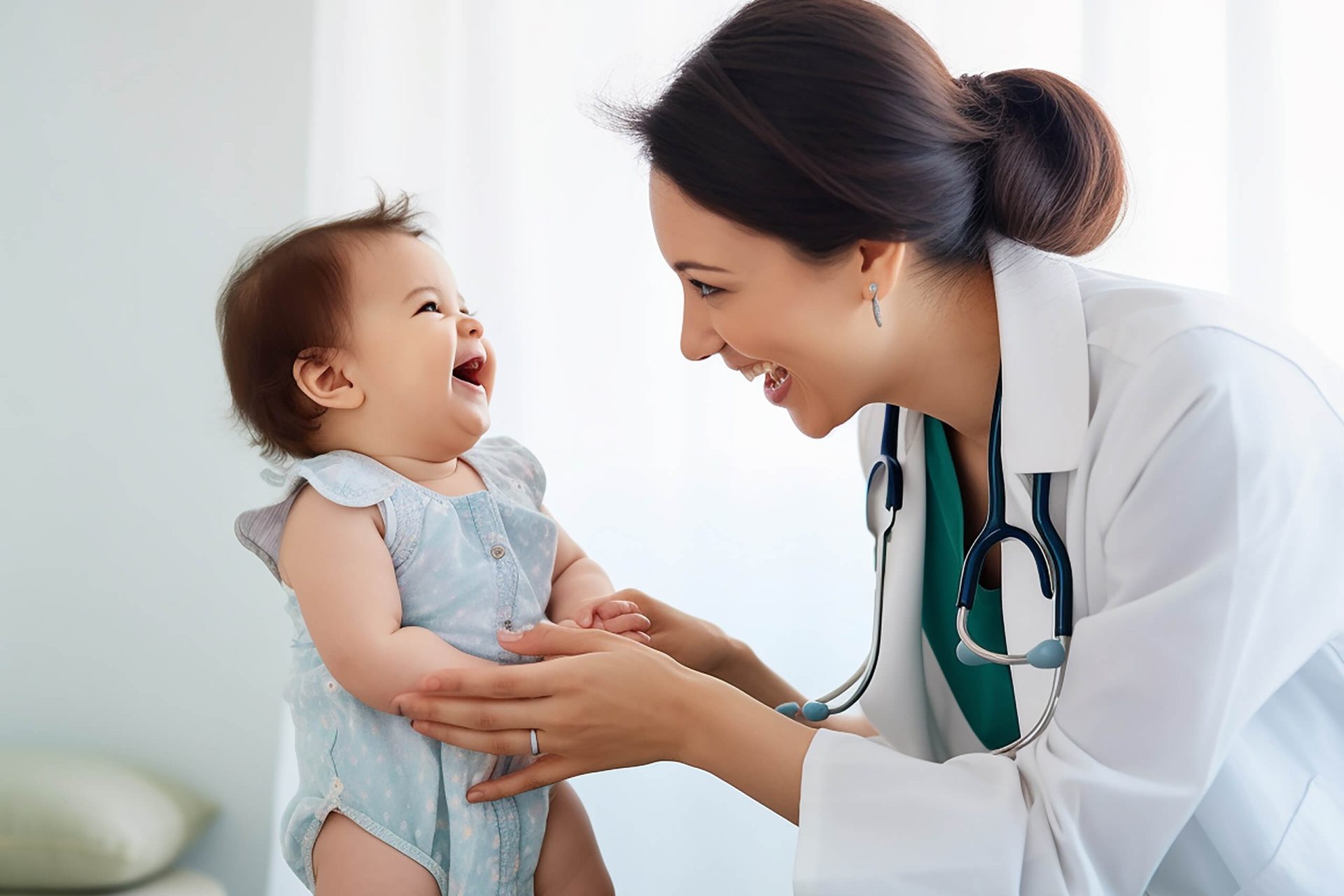 Pediatrician evaluating a cute smiling baby Pediatrician evaluating a cute smiling baby