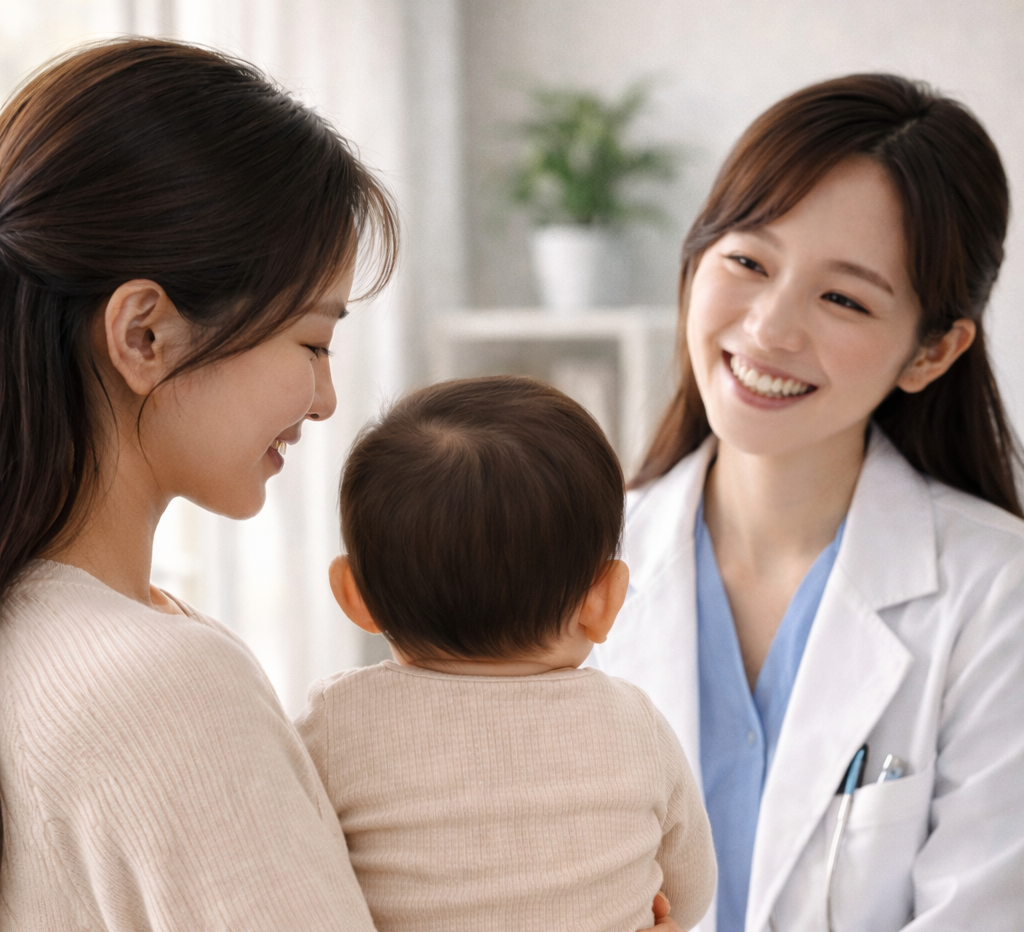 Doctor and mother with child after unilateral cleft lip repair.
