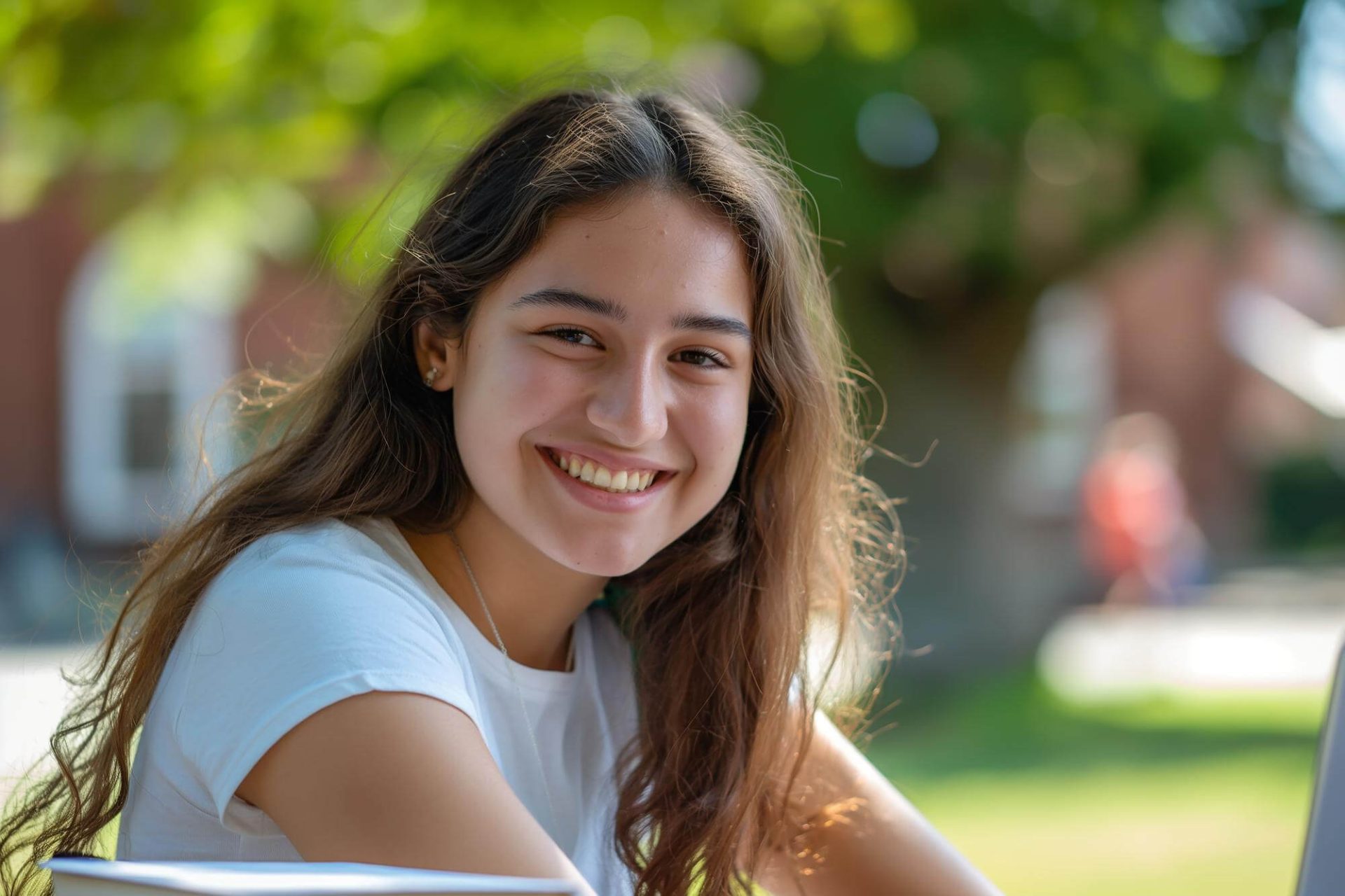 Smiling college girl outdoors on campus.