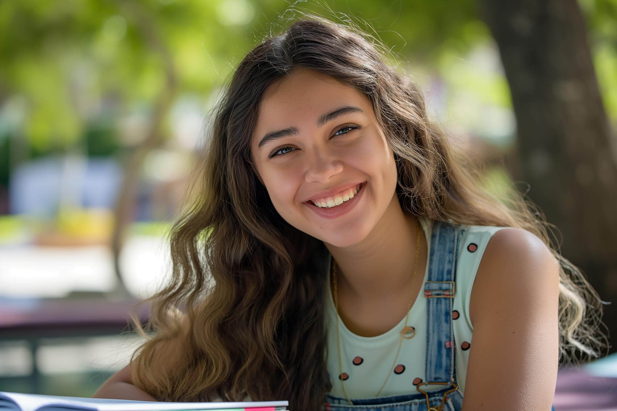 Smiling college girl studying outdoors campus.